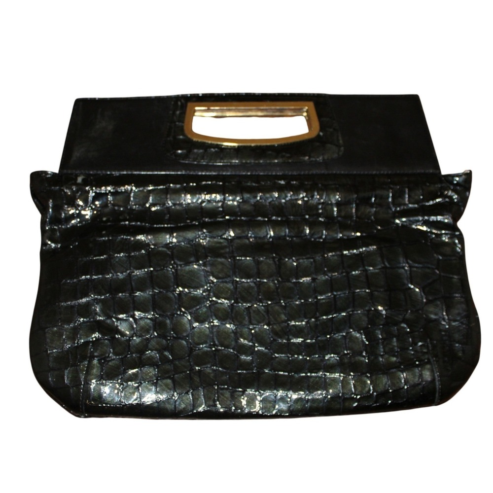 Abas Black Patent Leather Croc‎ Embossed Foldover Evening Bag Glam Oversized